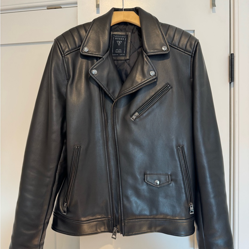 Guess Men's Black Leather Moto Jacket